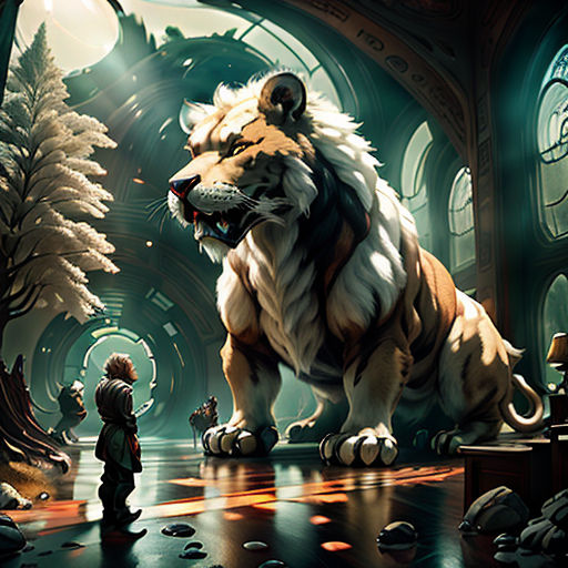 a boy standing next to a large tiger in a forest with a giant animal in the background and a giant lion in the foreground