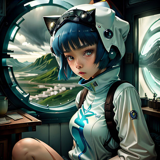 a woman in a futuristic outfit sitting on a table with a clock in the background and a cat on her head