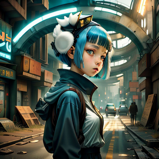 a girl with blue hair and a cat ears is standing in a city street with a train track and a neon sign