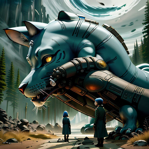 a painting of a cat with a man standing next to it in a forest with a moon in the sky
