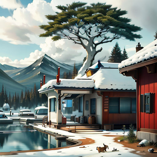 a painting of a snowy landscape with a lake and a house with a red roof and a red door