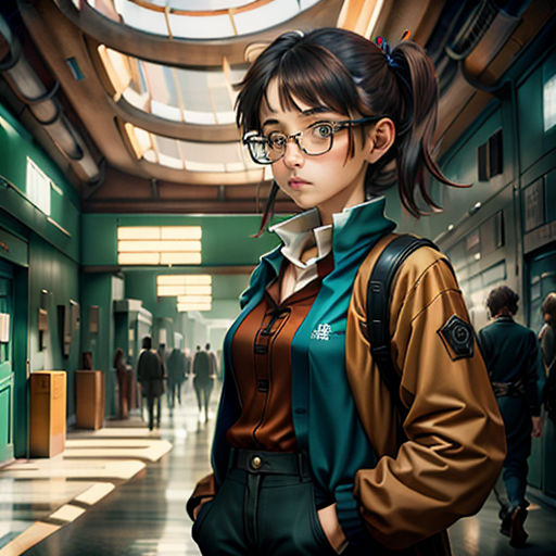 a woman in a school hallway with a backpack and glasses on her shoulder and a backpack on her shoulder