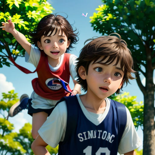 two children are standing in the grass near trees and a tree with a butterfly flying overhead in the sky