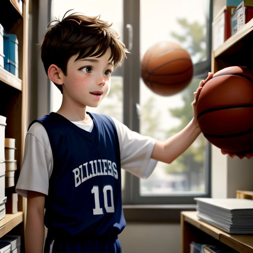 a boy in a blue jersey holding a basketball in a library with a bookcase and a window behind him