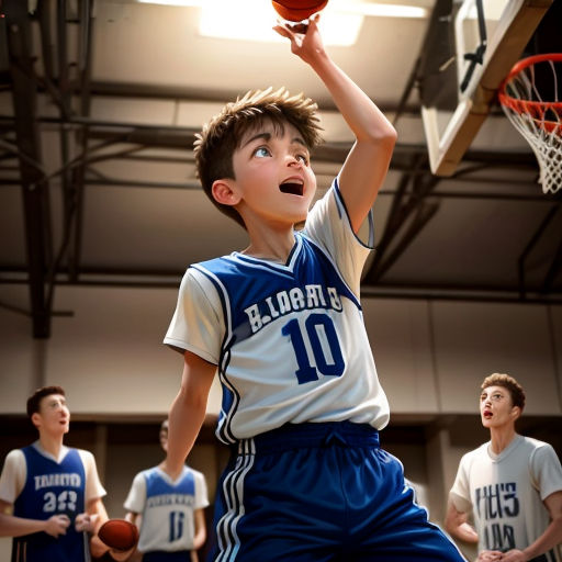 a young boy is jumping up to dunk a basketball in a gym with other young men in the background