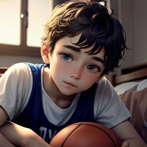 a boy with a basketball in his hand on a bed with a window in the background and sunlight coming through the window