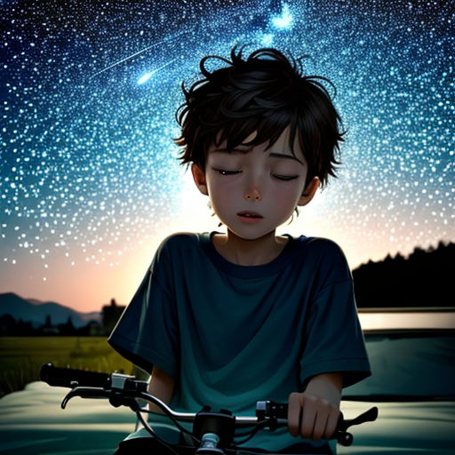 a boy sitting on a bike looking at the stars in the sky above him and a star in the sky above him