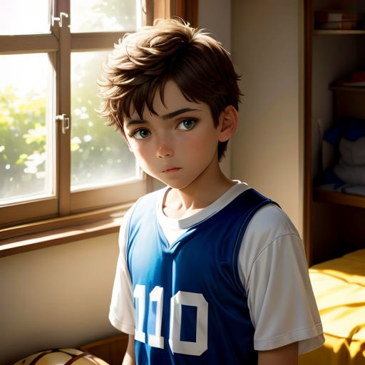 a boy in a blue jersey looking out a window with a soccer ball in front of him and a soccer ball in the background