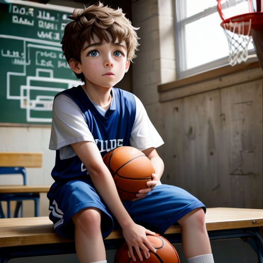 a young boy sitting on a bench holding a basketball in his hand and looking up at the sky with a basketball in his hand