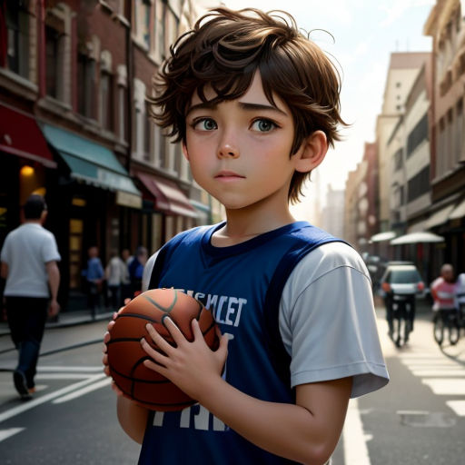 a boy holding a basketball in a city street with people walking by on the sidewalk and buildings in the background