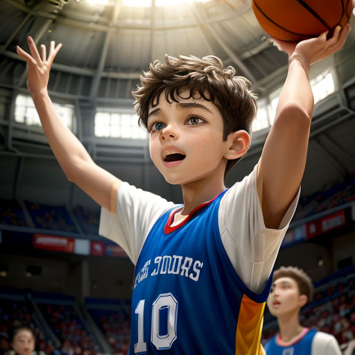 a young boy holding a basketball in his hand in a basketball court with other young men in the background