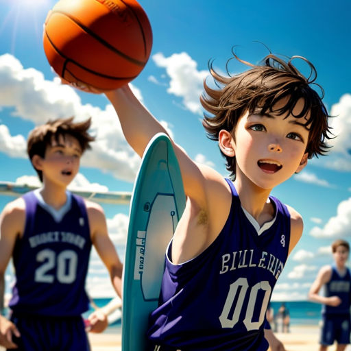 a young boy holding a basketball on a beach with other young men in the background holding a surfboard