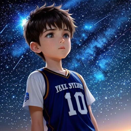 a boy in a blue jersey standing in front of a night sky with stars and a shooting star in the background
