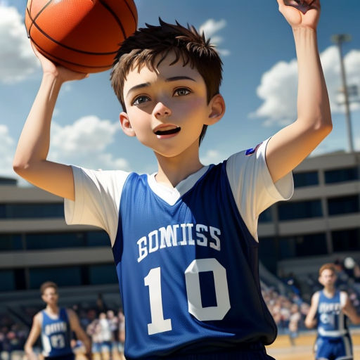 a young boy holding a basketball in his hands while standing on a basketball court with other young men in the background