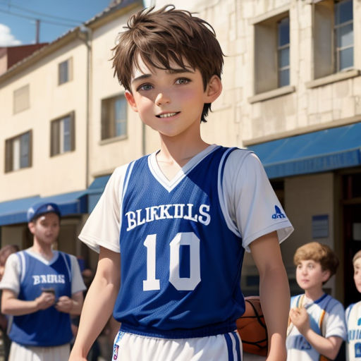 a young boy in a blue and white uniform holding a basketball in front of a group of boys in blue and white uniforms