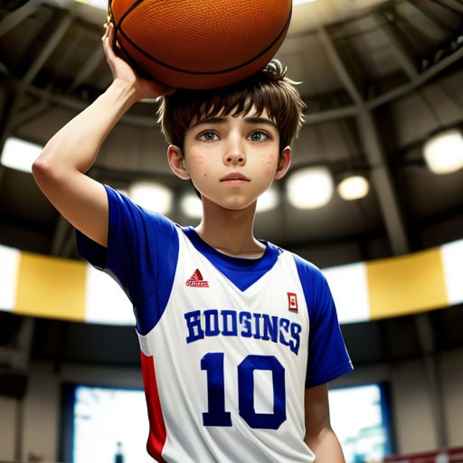 a young boy holding a basketball in his hands in a gym with a basketball on his head and a basketball in his hand