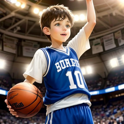 a young boy holding a basketball in a stadium with a crowd watching him from the sidelines and a basketball in his hand