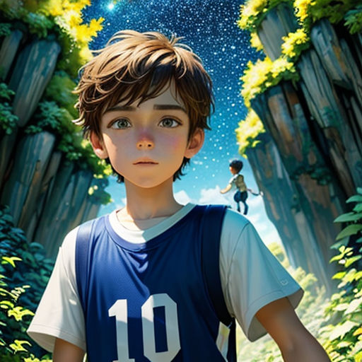 a boy in a blue shirt standing in a forest with a sky background and stars above him, and a person standing in the distance