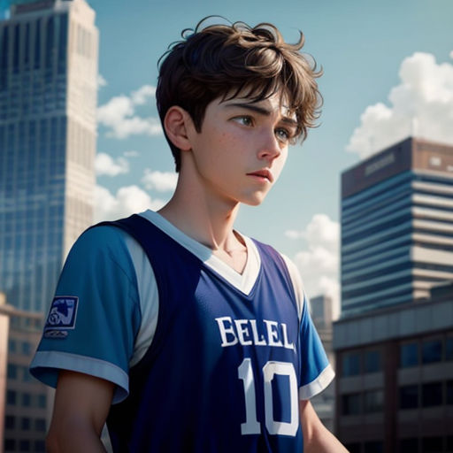 a boy in a jersey standing in front of a city skyline with skyscrapers in the background, looking at the camera