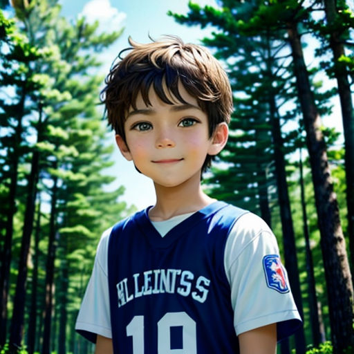 a boy in a baseball uniform standing in the woods with trees in the background and a blue sky in the background