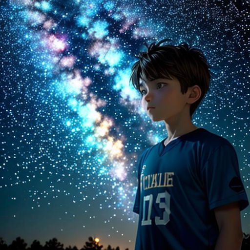 a boy in a blue shirt is looking at the stars in the sky above him and a night sky with stars