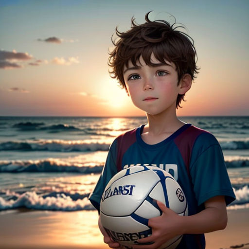 a boy holding a soccer ball on a beach at sunset with the sun setting behind him and the ocean in the background