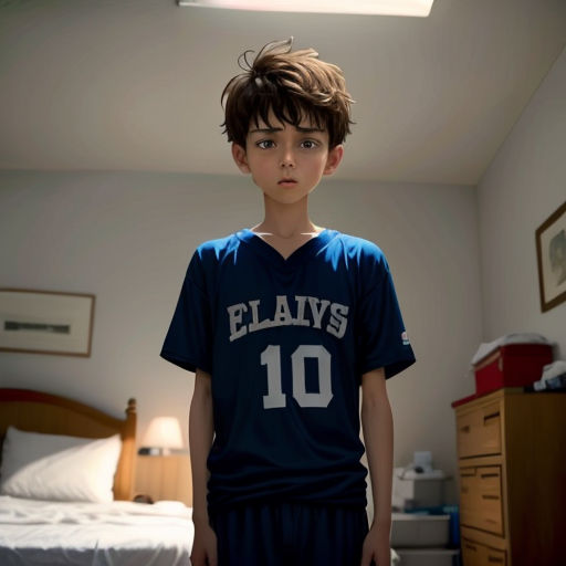 a boy in a jersey stands in a bedroom with a bed and dressers in the background and a lamp on the wall