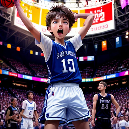 a young boy is playing basketball in a stadium with other players in the background and a crowd of people