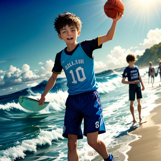 a boy is playing basketball on the beach with other people in the background and a ball in the air