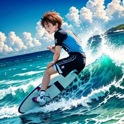 a boy riding a surfboard on a wave in the ocean with a sky background and clouds in the sky