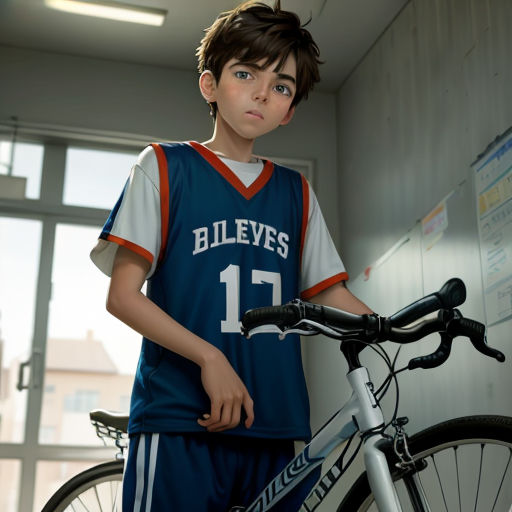 a boy in a blue jersey standing next to a bike in a room with a window and a sign