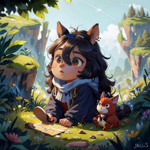 a girl sitting on the ground next to a cat and a fox in a forest with trees and rocks