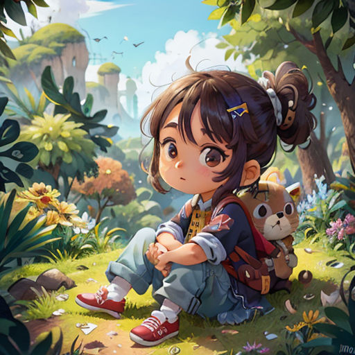 a girl sitting on the ground with a teddy bear in her lap and a forest in the background with a sky and clouds