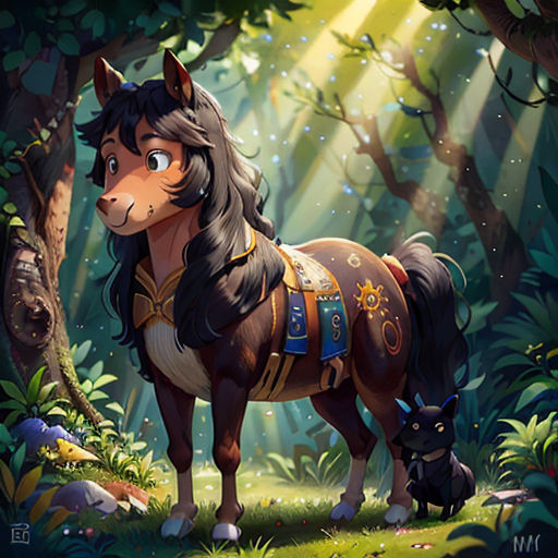 a horse standing in the middle of a forest with a dog nearby on a leash, with a light shining on the horse