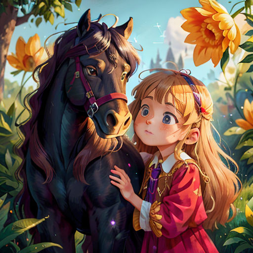 a girl and a horse in a field of flowers and sunflowers with a castle in the background