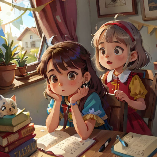 a girl and a boy sitting at a table with books and a cat in front of them, looking at a book