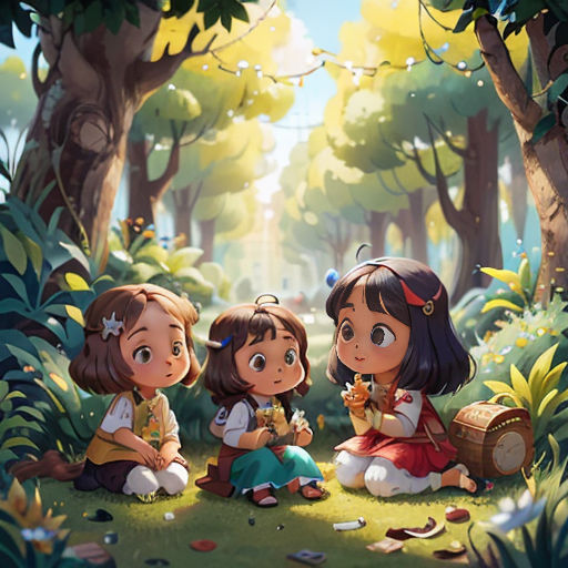 three little girls sitting in the woods with a basket of flowers in their hands and a basket of leaves in their hand