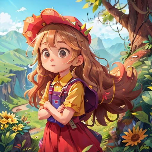 a girl with long hair and a red hat standing in a forest with sunflowers and a mountain in the background