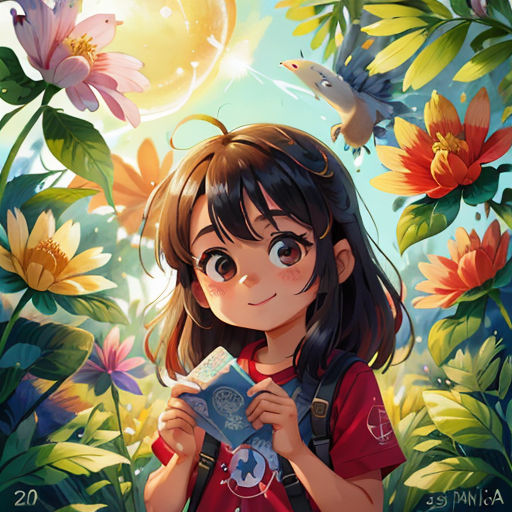 a girl is standing in a field of flowers and holding a book in her hands and looking at the sky