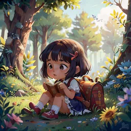 a girl sitting in the woods reading a book with a book bag on her lap and a backpack on her shoulder