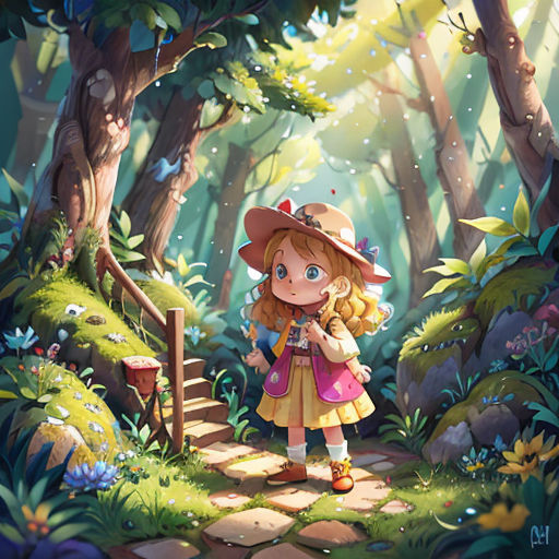 a girl in a hat and dress standing on a path in the woods with a wooden bridge in the background