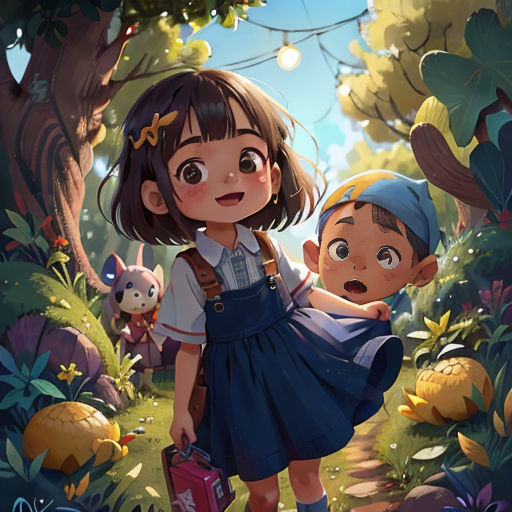 a girl and boy in a forest with a cat on their back, and a cat on the ground
