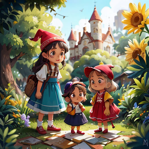 a group of children standing in a forest with a castle in the background and sunflowers in the foreground