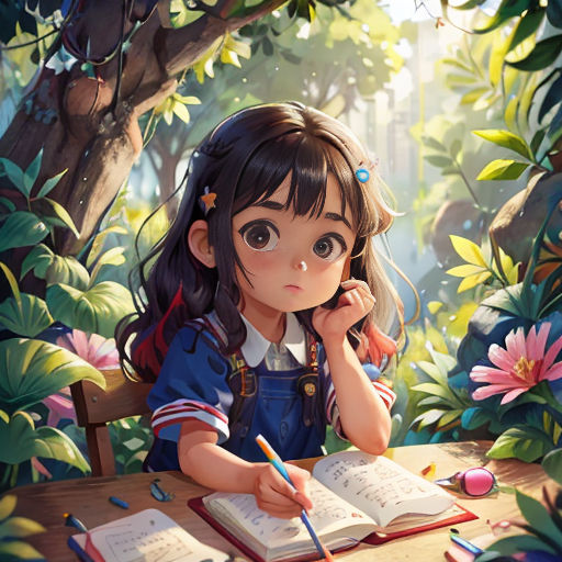 a girl sitting at a table with a book and pencil in her hand and a book in front of her