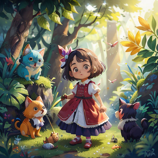 a little girl standing in the woods surrounded by cats and other animals, with a forest background, with a cat and a kitten