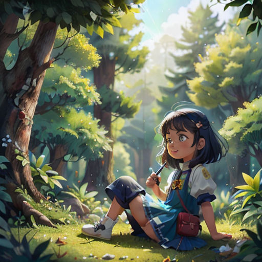 a girl sitting in the middle of a forest with a pipe in her hand and a book in her hand