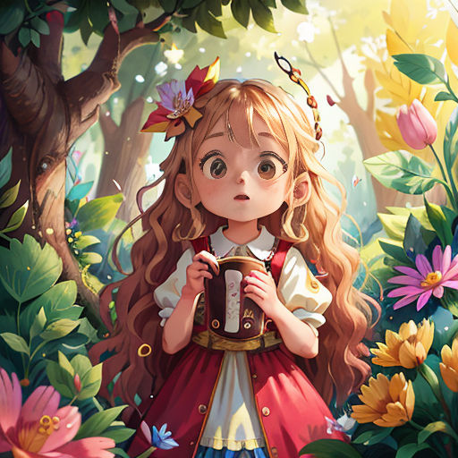 a little girl standing in a forest holding a cup of coffee in her hands and looking at the camera
