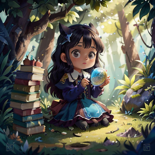 a girl sitting on a pile of books in the woods holding a crystal ball in her hand and looking at the camera