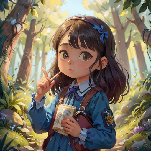 a girl in a blue dress holding a book in a forest with trees and bushes behind her, looking up at the sky