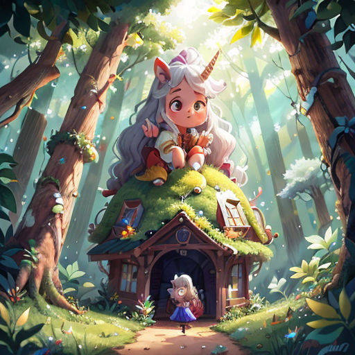 a little girl sitting on top of a house in the woods with a unicorn on top of it's roof